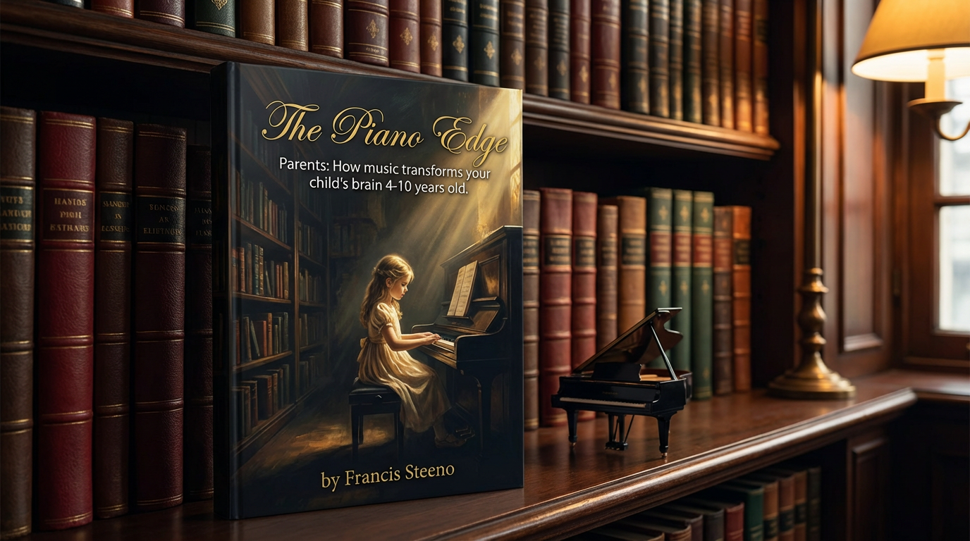 The Piano Edge book displayed on a bookshelf with a small toy piano