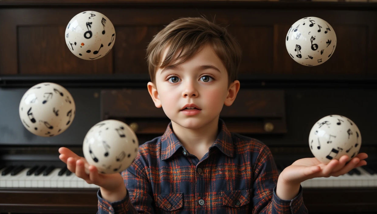 Boy juggling musical notes at the piano