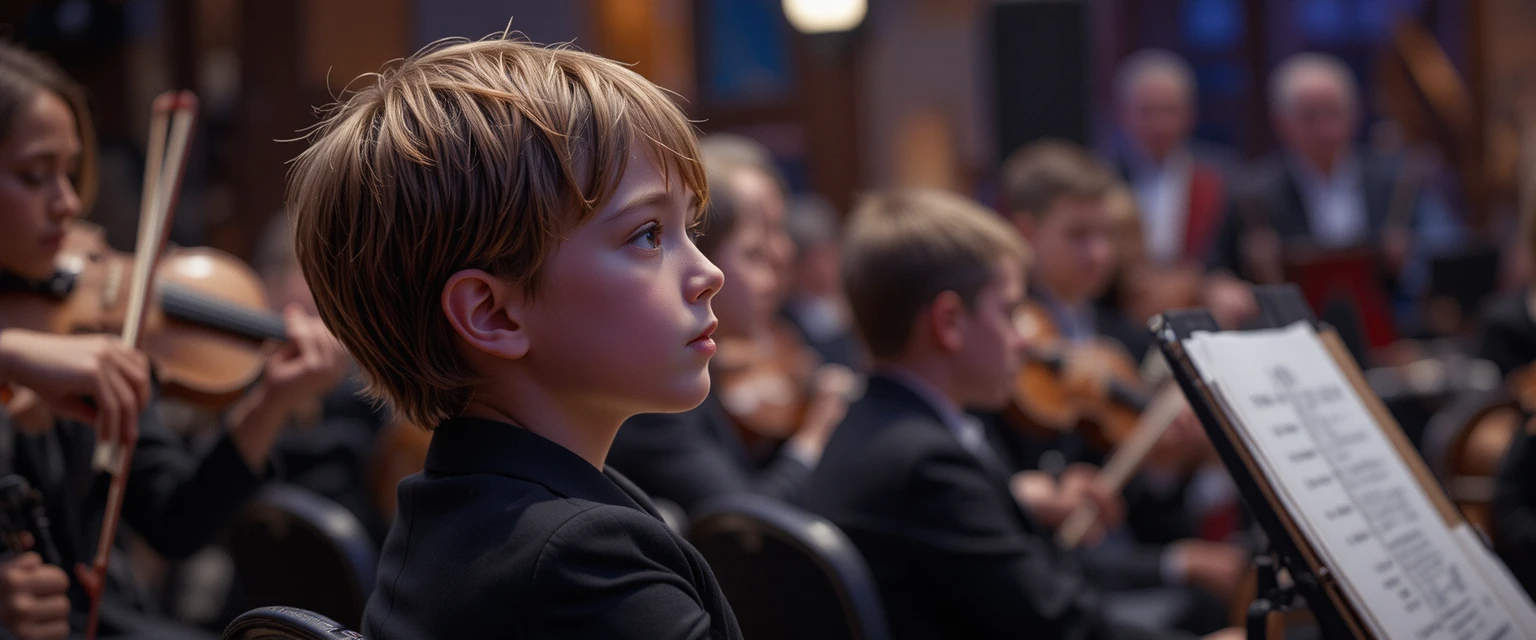Boy listening intently at an orchestra performance