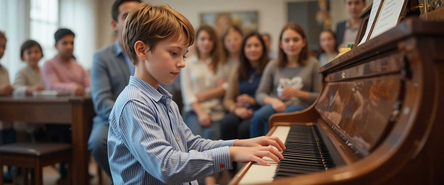 Boy playing piano for an audience