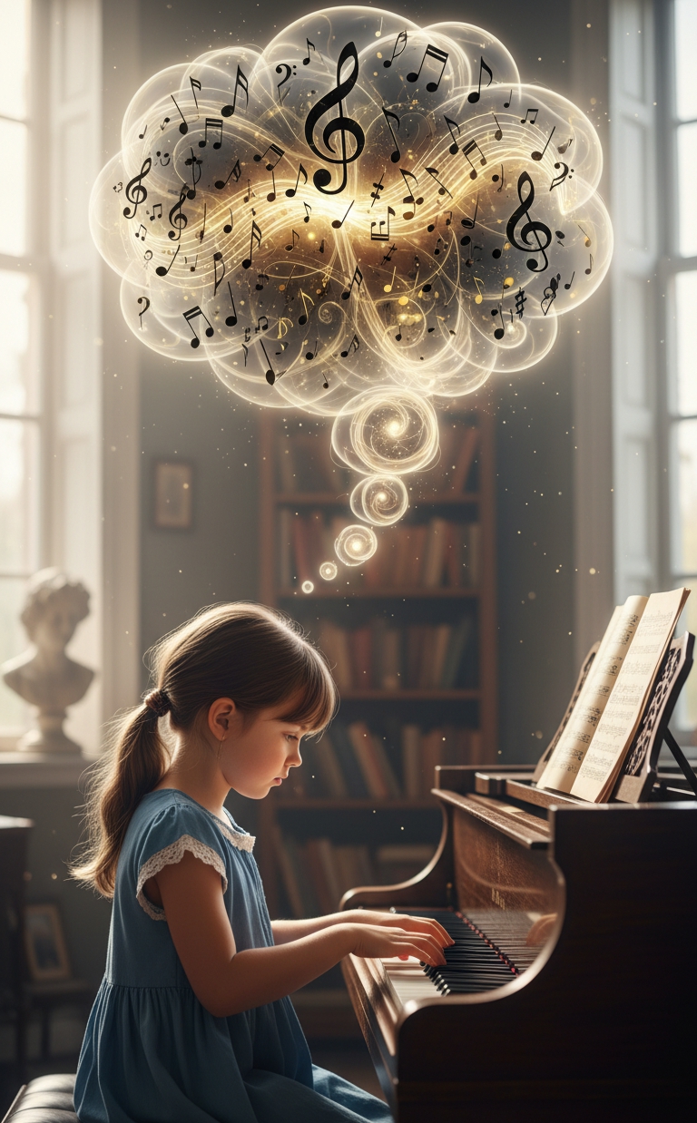 Girl at piano with musical thoughts