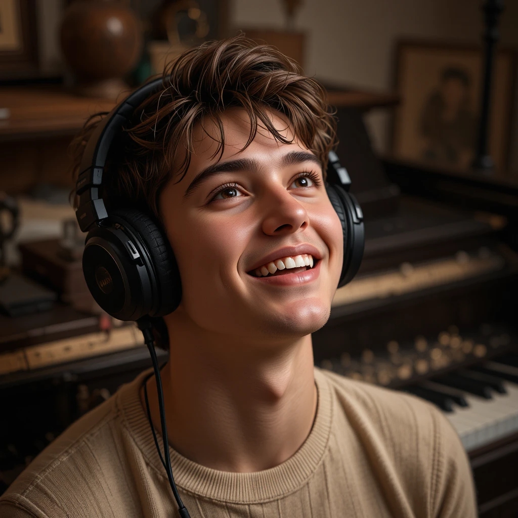 Young musician listening with headphones