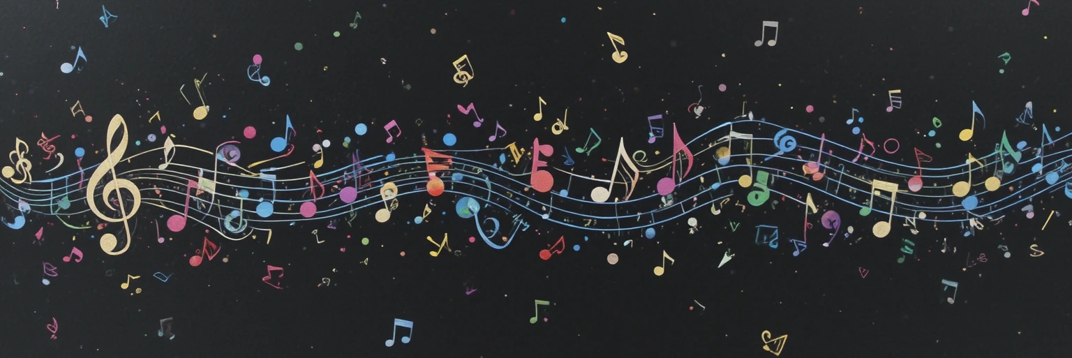 Colorful musical notes flowing across a staff