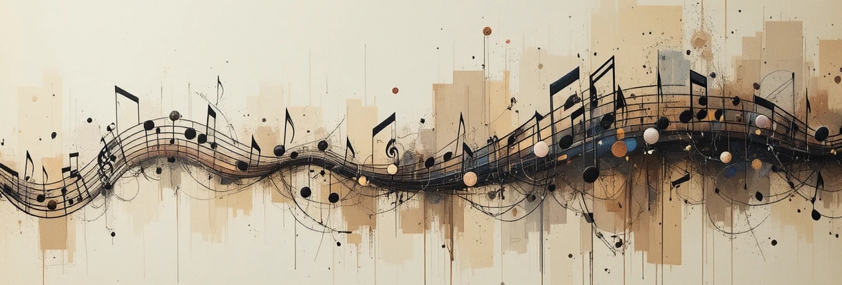 Musical notes flowing across staff lines