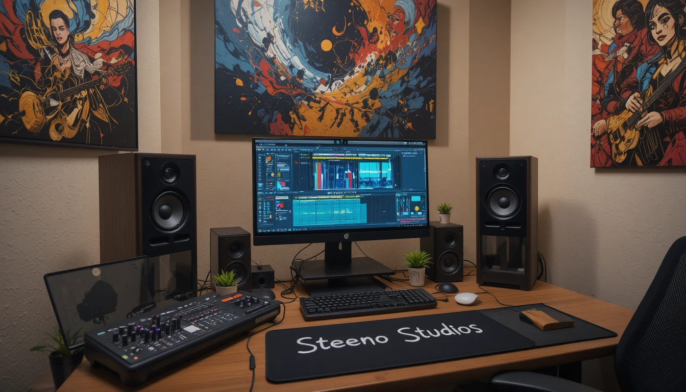Steeno Studios production desk with monitors, speakers, and music equipment